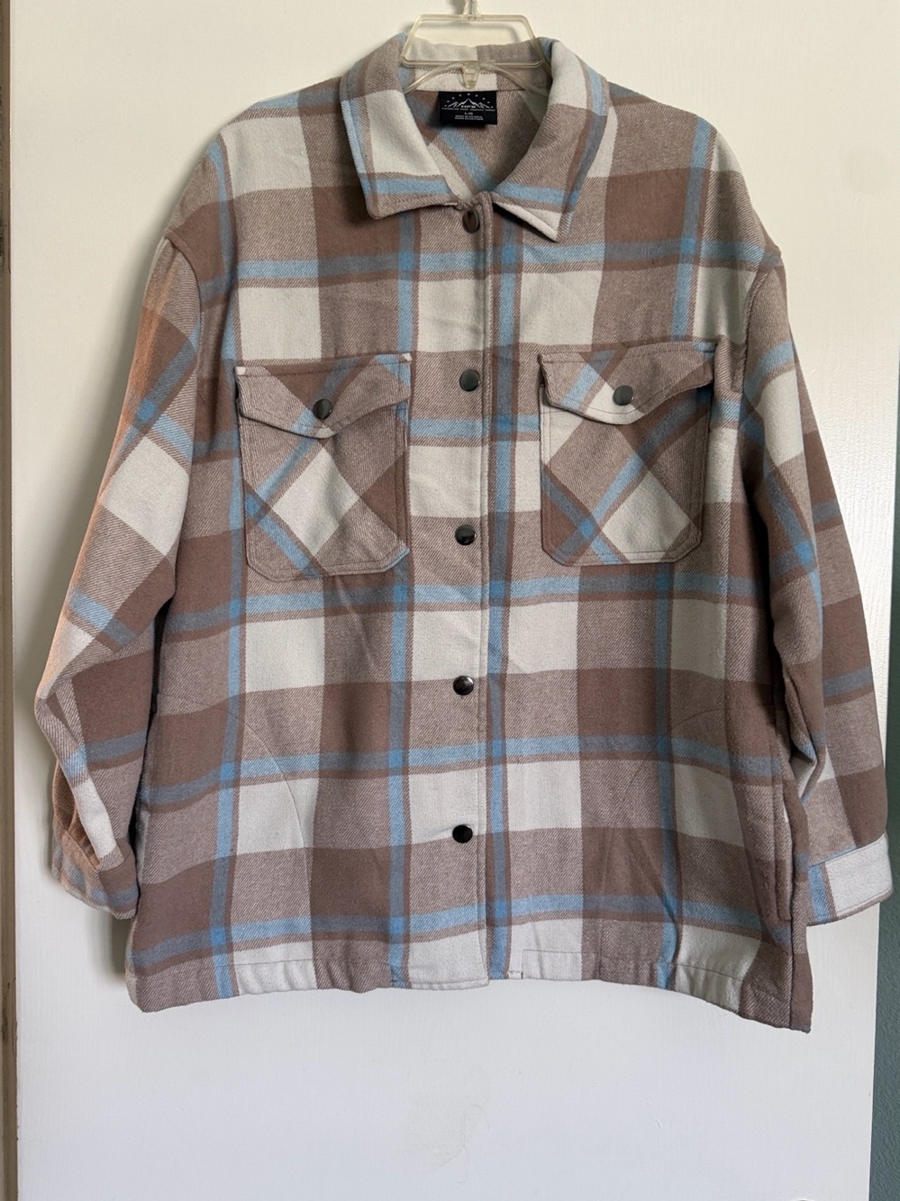 HFX Plaid Shacket L Heavy Flannel Shirt Jacket Cream Blue Taupe Snap Front- EUC